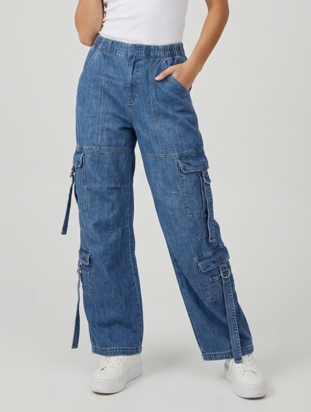 Garage Denim Wide Leg Cargo Jeans - Blue Wash - Size Medium - Y2K Style